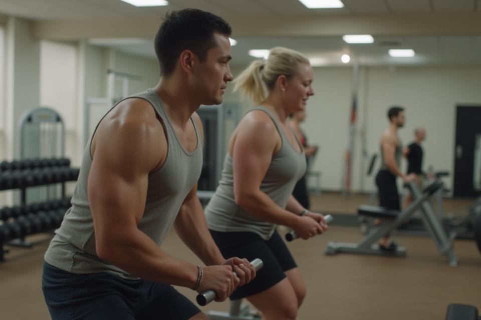 Personal trainer assisting a client